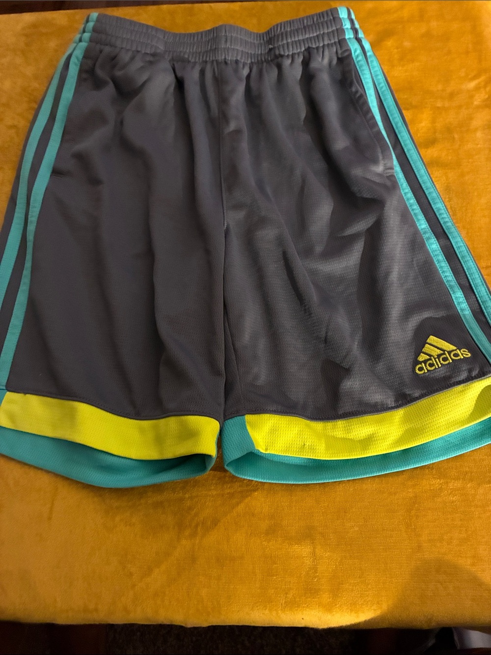 adidas Gray Athletic Shorts with Teal Stripes and Yellow Trim
